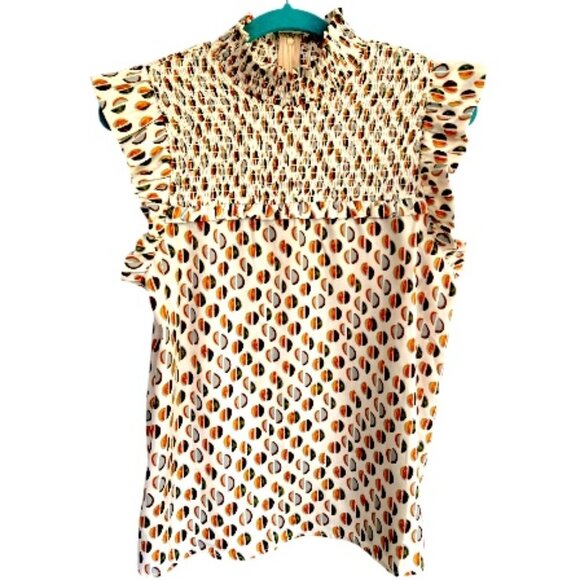 THML Anthropologie Shirt Ruffle Sleeve Preppy Smocked Top Cream Brown Size Large - Picture 8 of 8